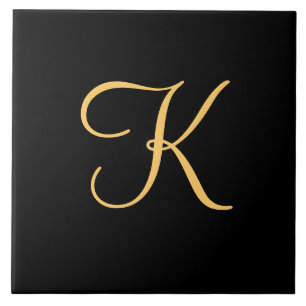 Gold-coloured initial K on black background Ceramic Tile