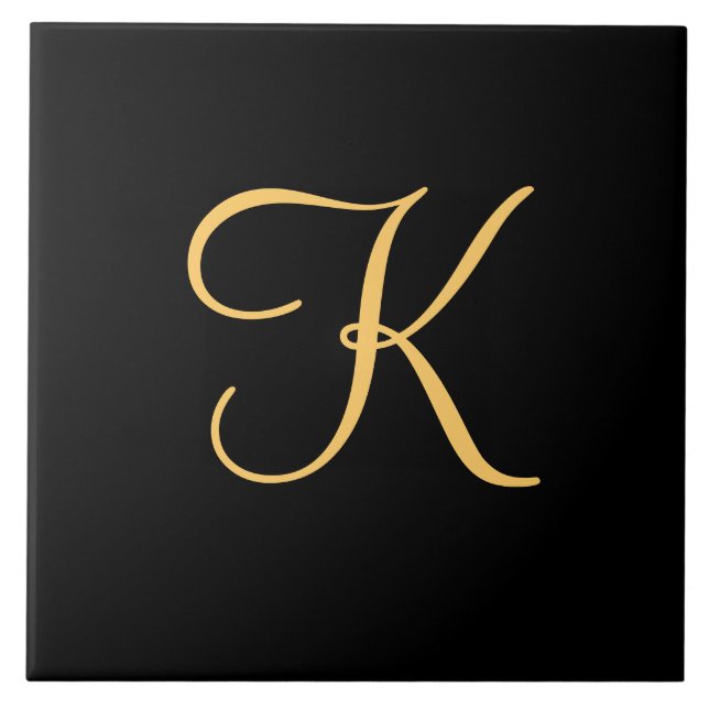Gold-coloured initial K on black background Ceramic Tile (Front)