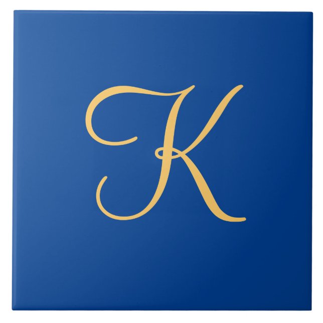 Gold-coloured initial K on dark blue background Ceramic Tile (Front)
