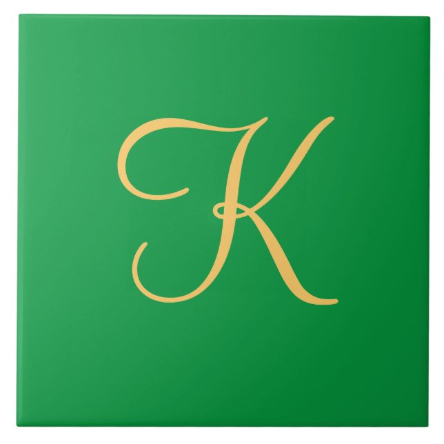 Gold-coloured initial K on solid green background Ceramic Tile (Front)