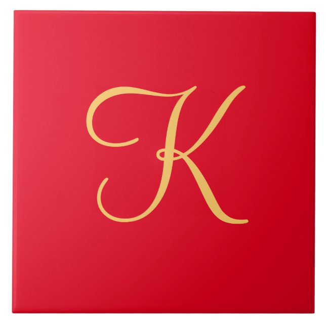 Gold-coloured initial K on solid red background Ceramic Tile (Front)