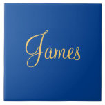 Gold-coloured text on blue background, TEMPLATE,  Ceramic Tile<br><div class="desc">Gold-coloured customised text on blue background. This is a template,  ready for you to personalise.</div>