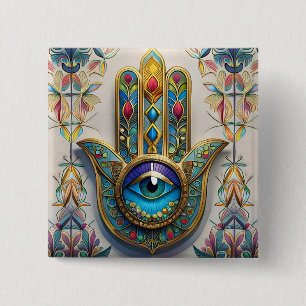 Gold Colourful Filigree Blue-Green Third Eye Hamsa 15 Cm Square Badge
