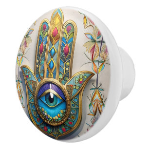 Gold Colourful Filigree Blue-Green Third Eye Hamsa Ceramic Knob
