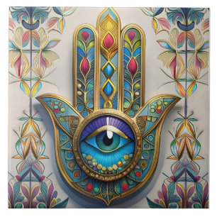 Gold Colourful Filigree Blue-Green Third Eye Hamsa Ceramic Tile