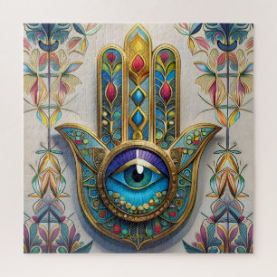 Gold Colourful Filigree Blue-Green Third Eye Hamsa Jigsaw Puzzle