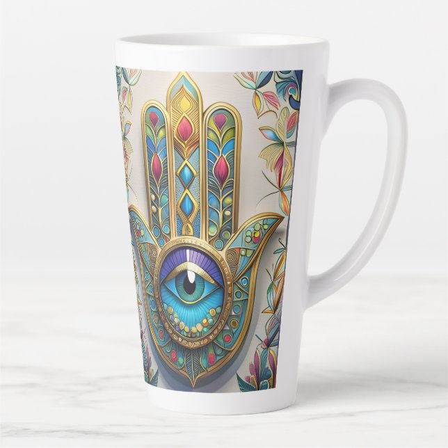 Gold Colourful Filigree Blue-Green Third Eye Hamsa Latte Mug (Right)
