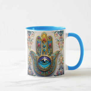 Gold Colourful Filigree Blue-Green Third Eye Hamsa Mug