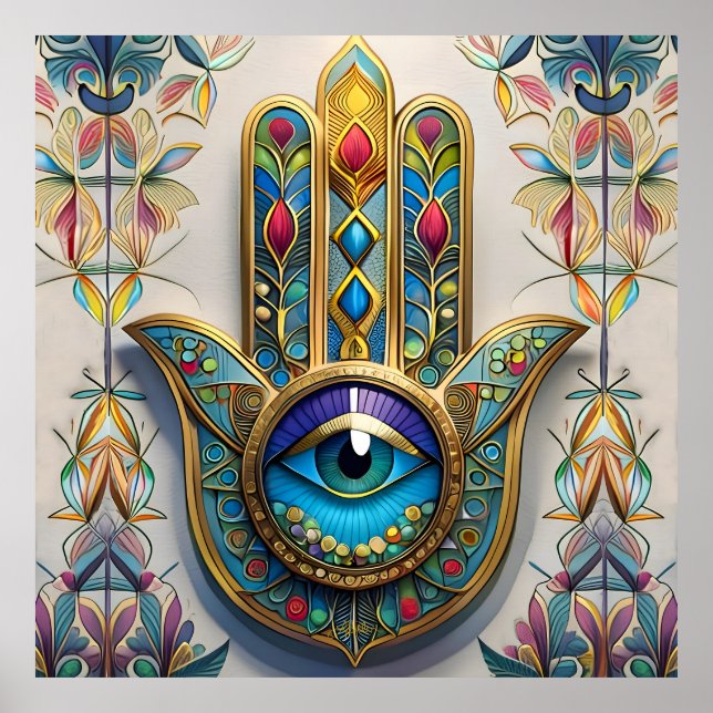 Gold Colourful Filigree Blue-Green Third Eye Hamsa Poster (Front)