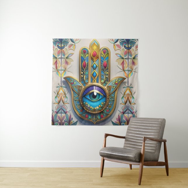 Gold Colourful Filigree Blue-Green Third Eye Hamsa Tapestry (In Situ)
