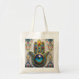 Gold Colourful Filigree Blue-Green Third Eye Hamsa Tote Bag