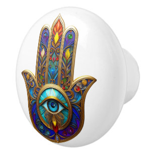 Gold Colourful Hamsa Turquoise Sapphire Third Eye Ceramic Knob