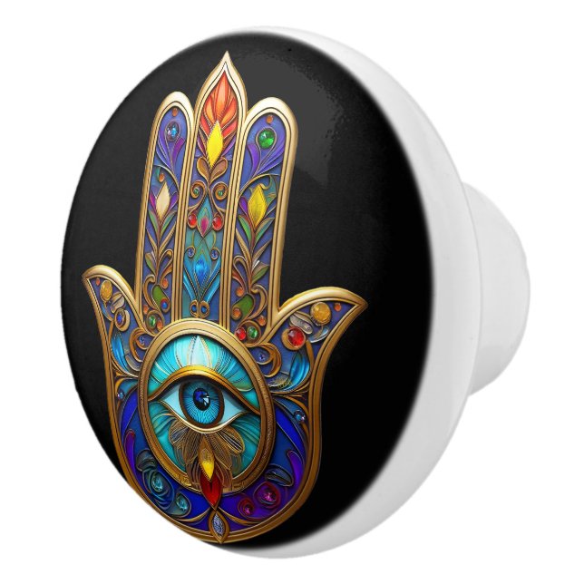 Gold Colourful Hamsa Turquoise Sapphire Third Eye  Ceramic Knob (Right)