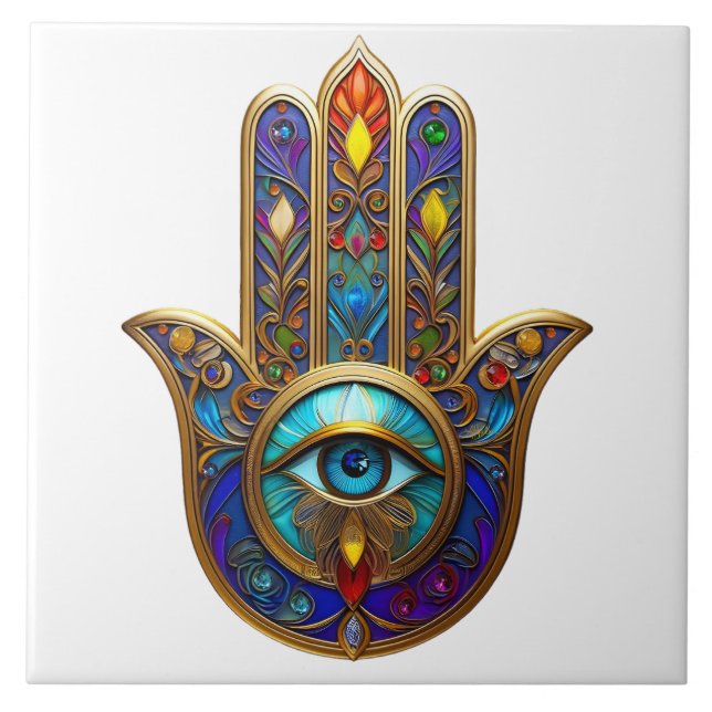 Gold Colourful Hamsa Turquoise Sapphire Third Eye  Ceramic Tile (Front)