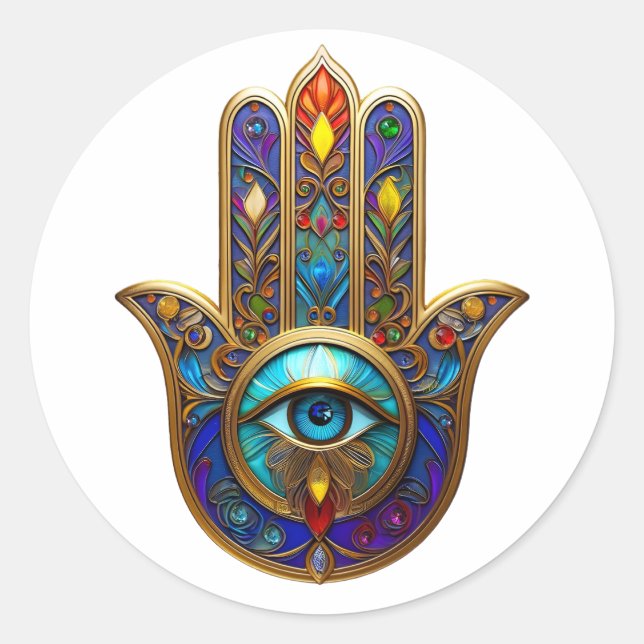 Gold Colourful Hamsa Turquoise Sapphire Third Eye  Classic Round Sticker (Front)