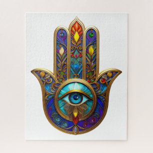 Gold Colourful Hamsa Turquoise Sapphire Third Eye Jigsaw Puzzle