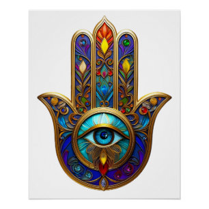 Gold Colourful Hamsa Turquoise Sapphire Third Eye Poster