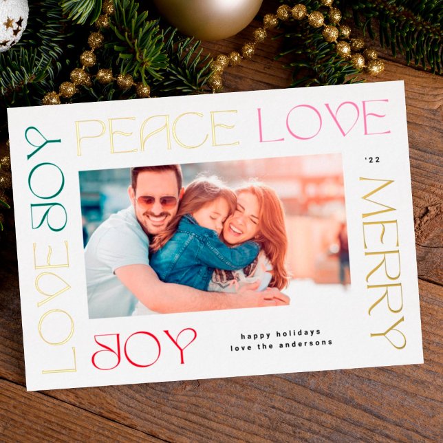 Gold & Colourful Letters MERRY JOY PEACE LOVE phot Foil Holiday Card (Creator Uploaded)