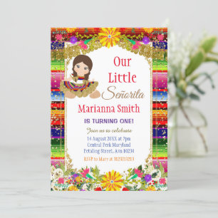 Gold Colourful Mexican Floral Girl Fiesta Birthday Invitation