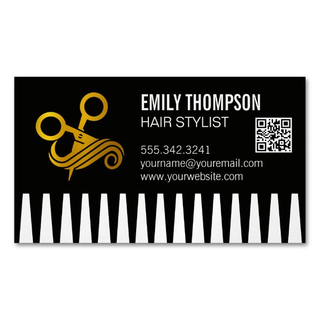 Gold Comb | Hair Stylist | QR Code Magnetic Business Card (Front)
