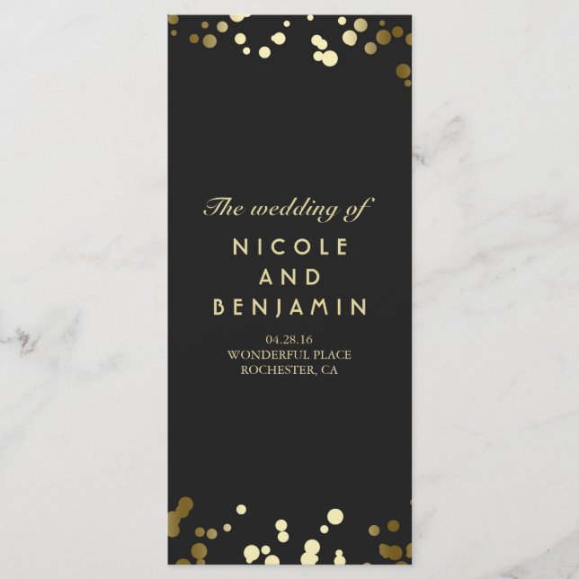 Gold Comfetti Dots Elegant Black Wedding Programs (Front)