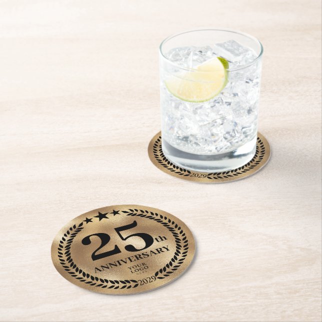 Gold Commemorative 25th Anniversary Business Logo Round Paper Coaster (Insitu)