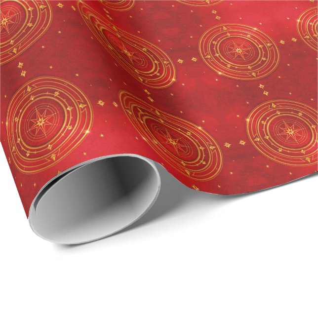 Gold Compass and Red Stars Pattern Wrapping Paper (Roll Corner)