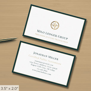 Gold Compass Logo Dark Green Border Business Card