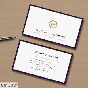 Gold Compass Logo Dark Purple Border Business Card