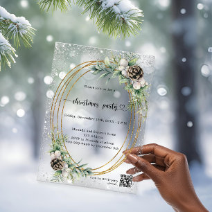 Gold cone greenery QR code frosted Christmas Party Acrylic Invitations