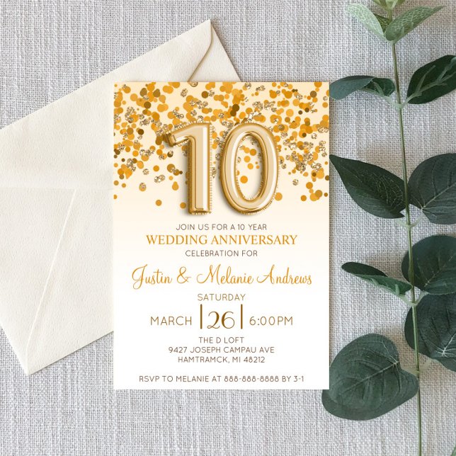 Gold Confetti 10th Wedding Anniversary Invitation (Creator Uploaded)