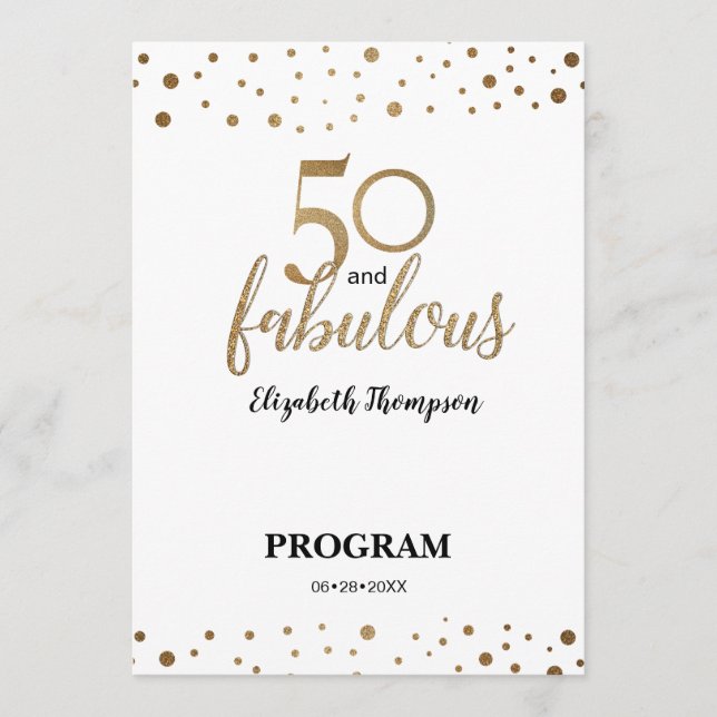 Gold Confetti 50 and fabulous Birthday Editable Program (Front)