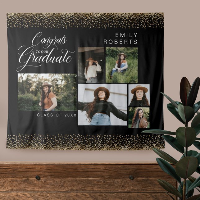 Gold Confetti 6 Photo Collage Congrats To Our Grad Tapestry (Creator Uploaded)