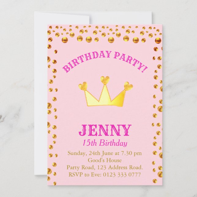 Gold Confetti and Crown Birthday Invitation (Front)