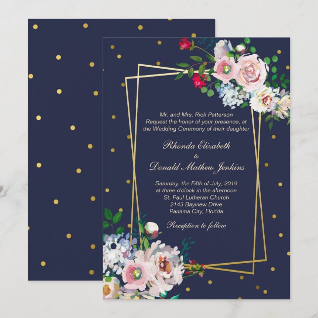 Gold Confetti and Flowers Wedding Invitation (Front/Back)