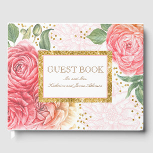 Gold Confetti and Pink Flowers Chic Wedding Guest Book