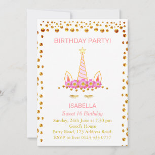 Gold Confetti and Unicorn o Sweet 16 Birthday  Inv Invitation