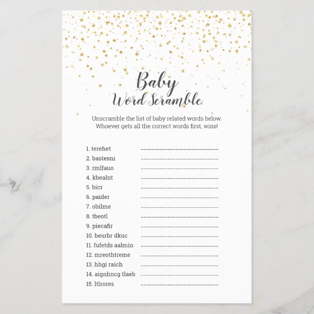 Gold Confetti Baby Shower Baby Word Scramble Game Flyer (Front)