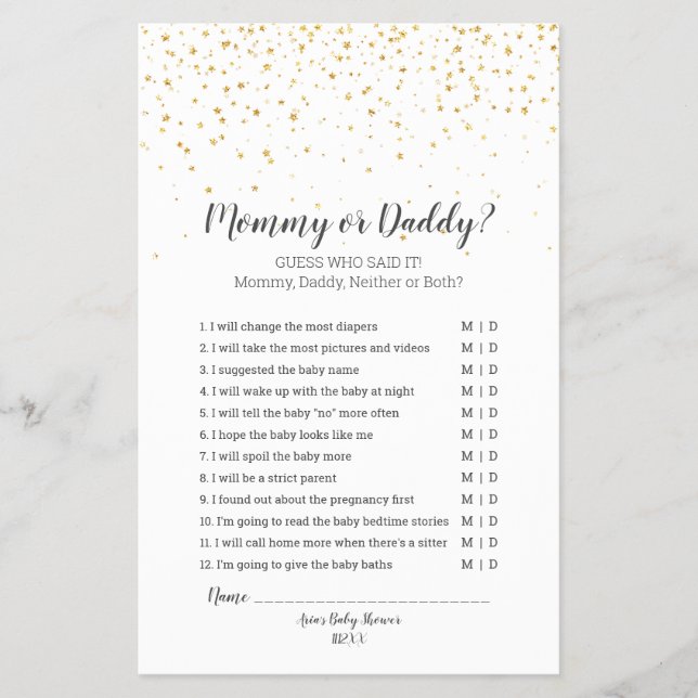 Gold Confetti Baby Shower Mummy or Daddy Game Flyer (Front)