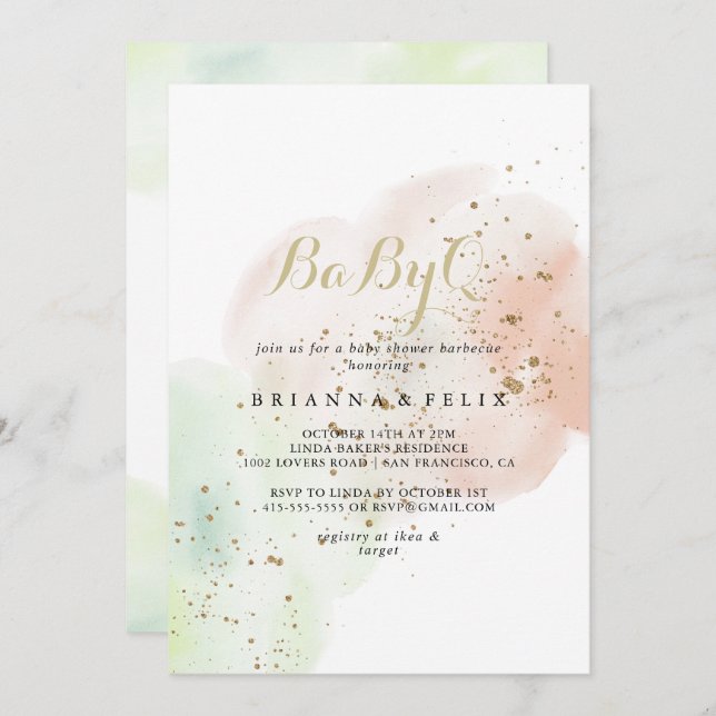 Gold Confetti BabyQ Baby Shower Barbecue Invitation (Front/Back)