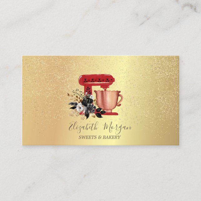 Gold Confetti Bakery Floral Red Mixer Business Card (Front)