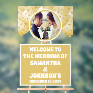 Gold Confetti Balloons Photo Wedding Welcome Acrylic Sign