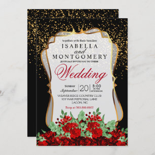 Gold Confetti, Black and Red Floral Wedding Invitation