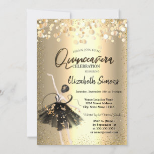 Gold Confetti,Black Dress Ballerina Quinceañera Invitation
