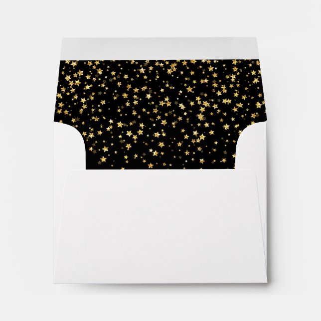 Gold Confetti | Black Self-Addressed Wedding RSVP Envelope (Back (Bottom))