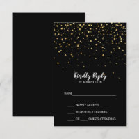Gold Confetti | Black Simple Wedding RSVP Card