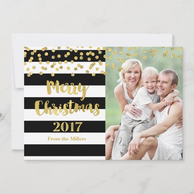 Gold Confetti Black Stripes Merry Christmas 2017 Holiday Card (Front)