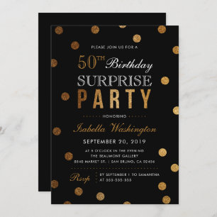 Gold Confetti & Black Surprise Birthday Party Invitation