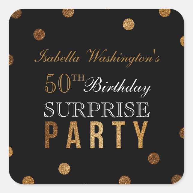 Gold Confetti & Black Surprise Birthday Party Square Sticker (Front)