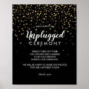 Gold Confetti Black Unplugged Ceremony Sign